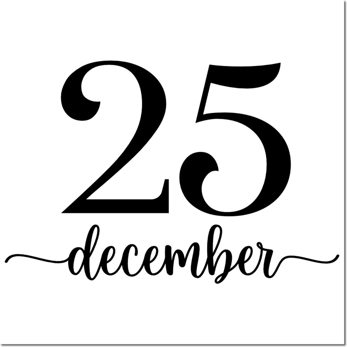 Black 25 December stamp and seal design with decorative script on a white background