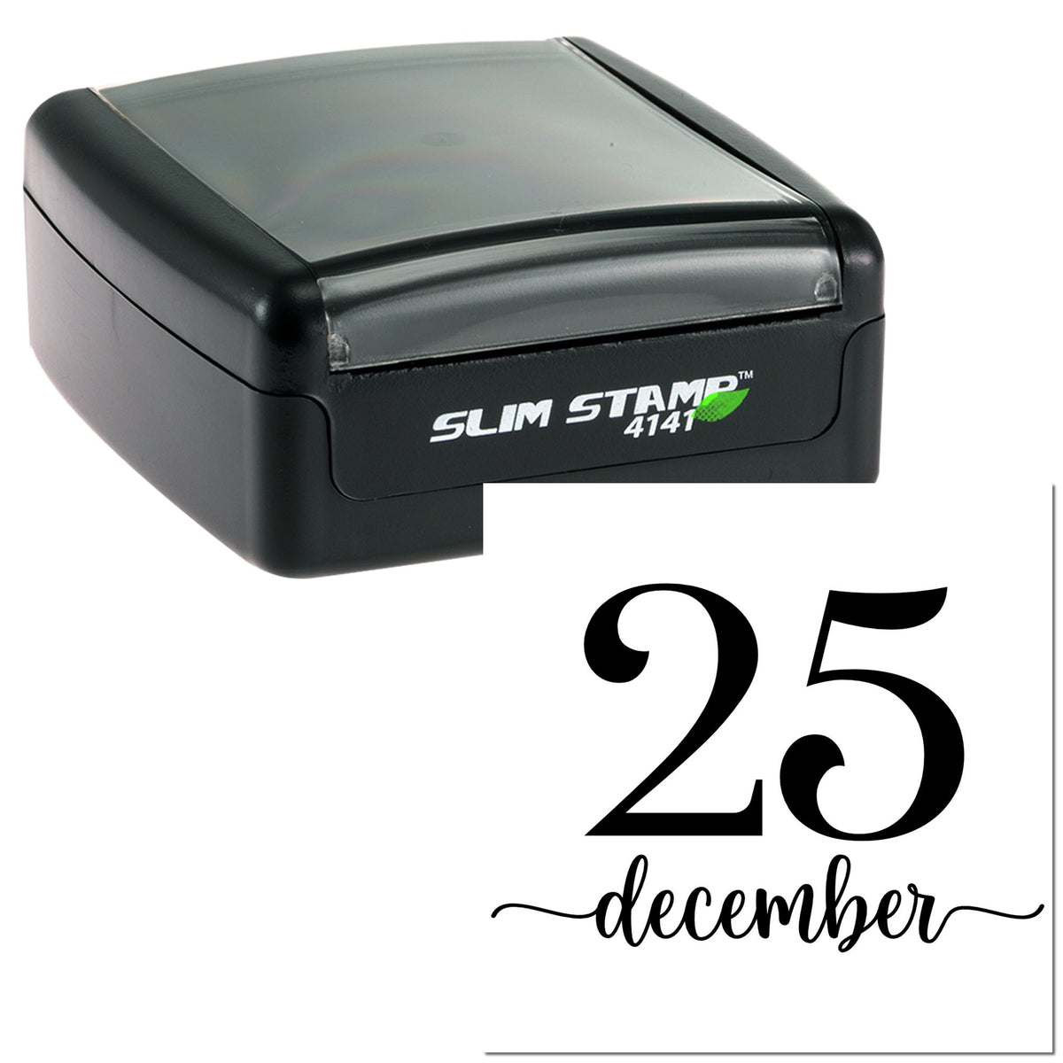 Black and gray Slim Stamp 4141 with white date seal card reading 25 december in bold black script.
