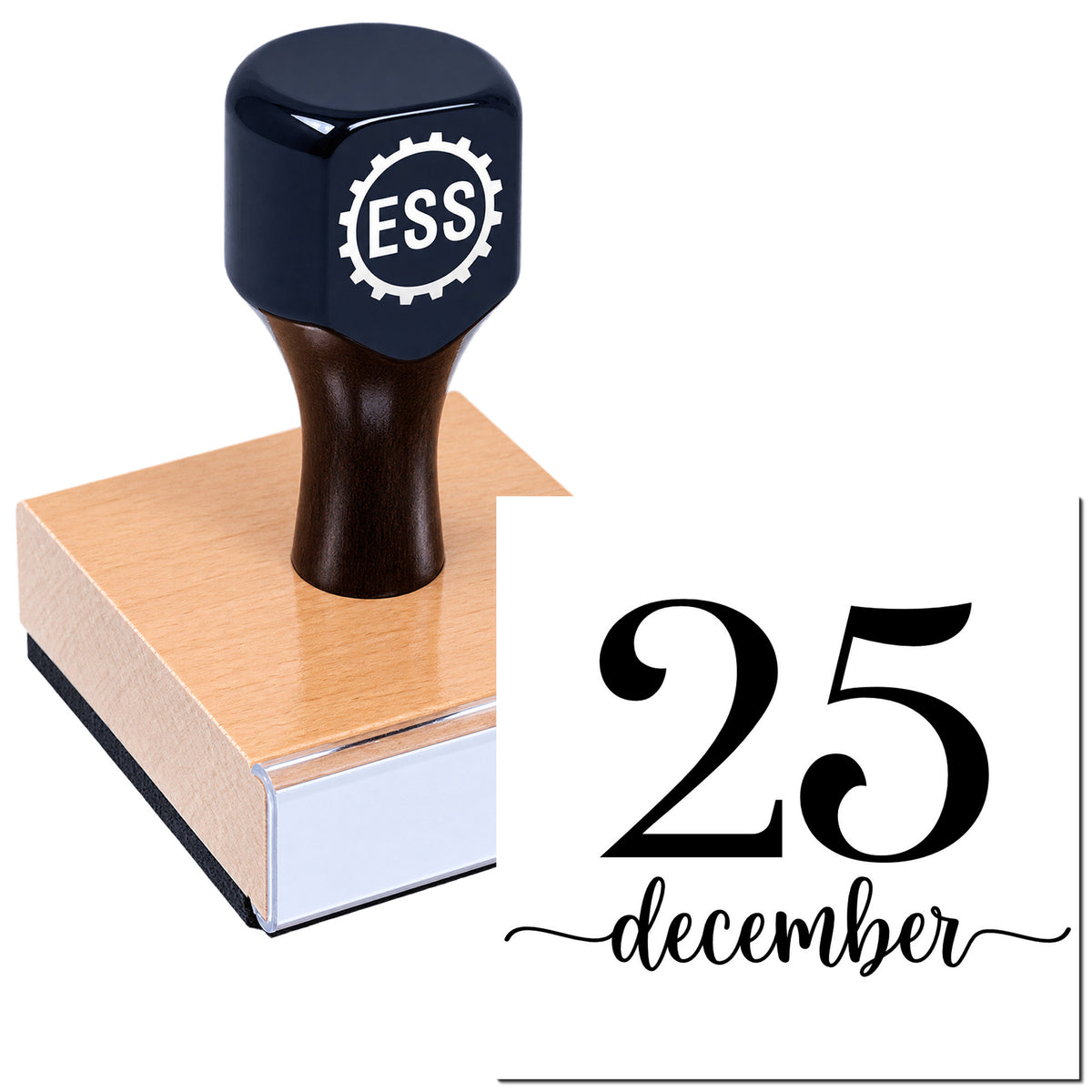 Black ESS stamp seal on a wooden block with copper base and "25 December" date design