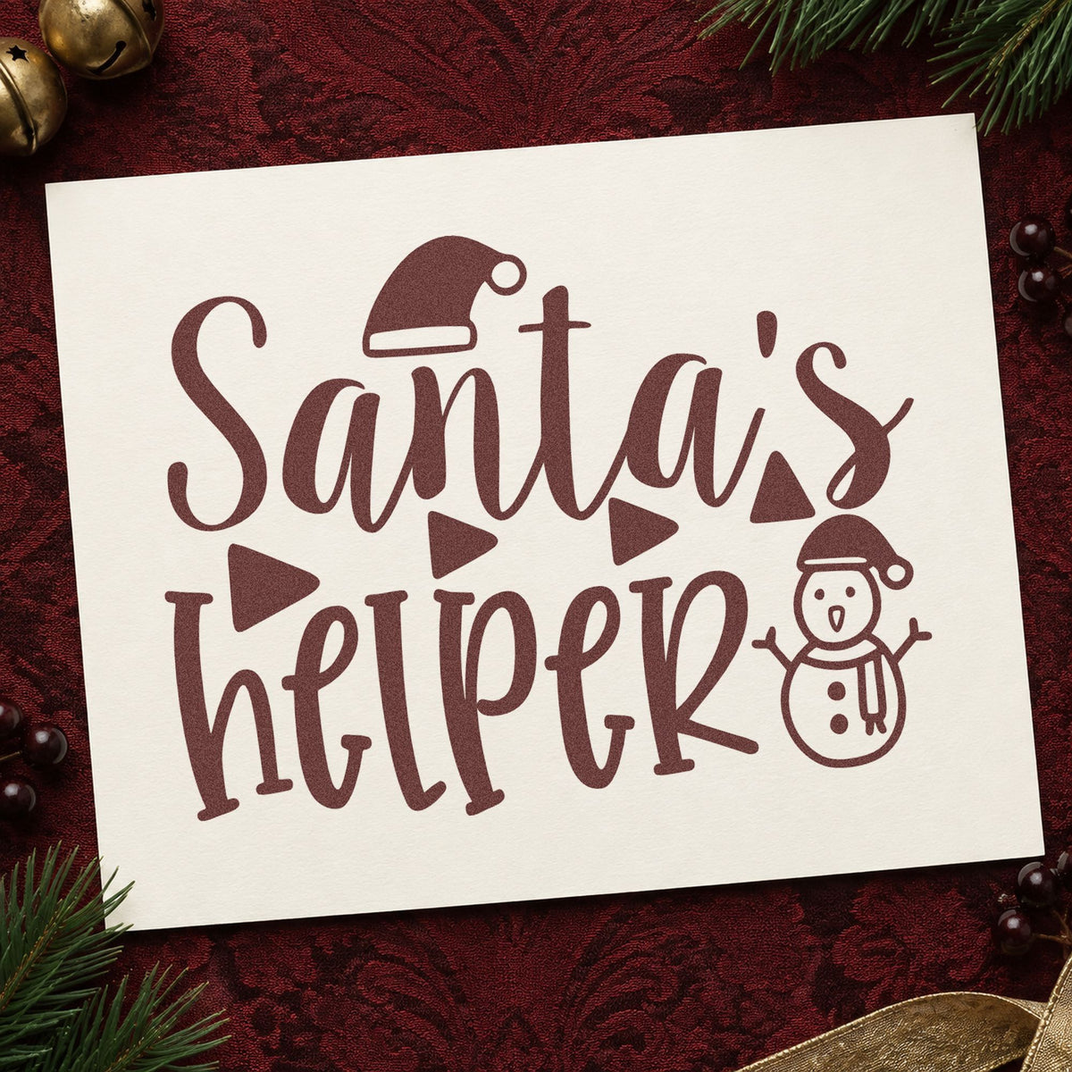 Santa's Helper Snowman rubber stamp printed in brown ink, ready for grid layout sheet and similar paper crafts.