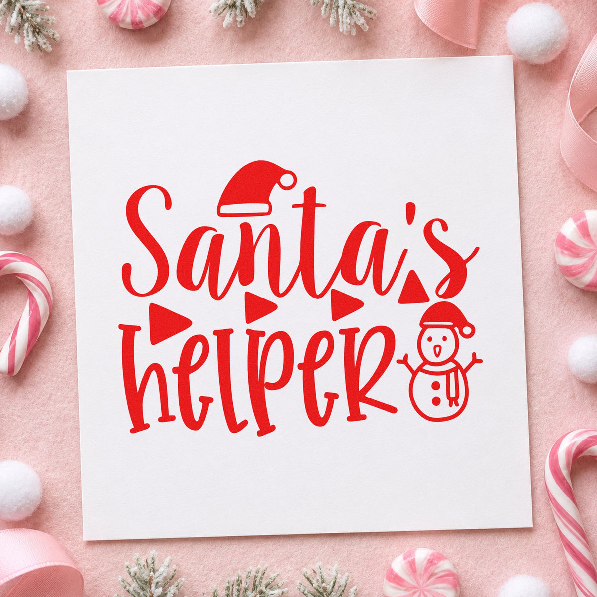 Santa's Helper Snowman craft stamp in red ink on cardstock, an easy option for bunting flag printing.