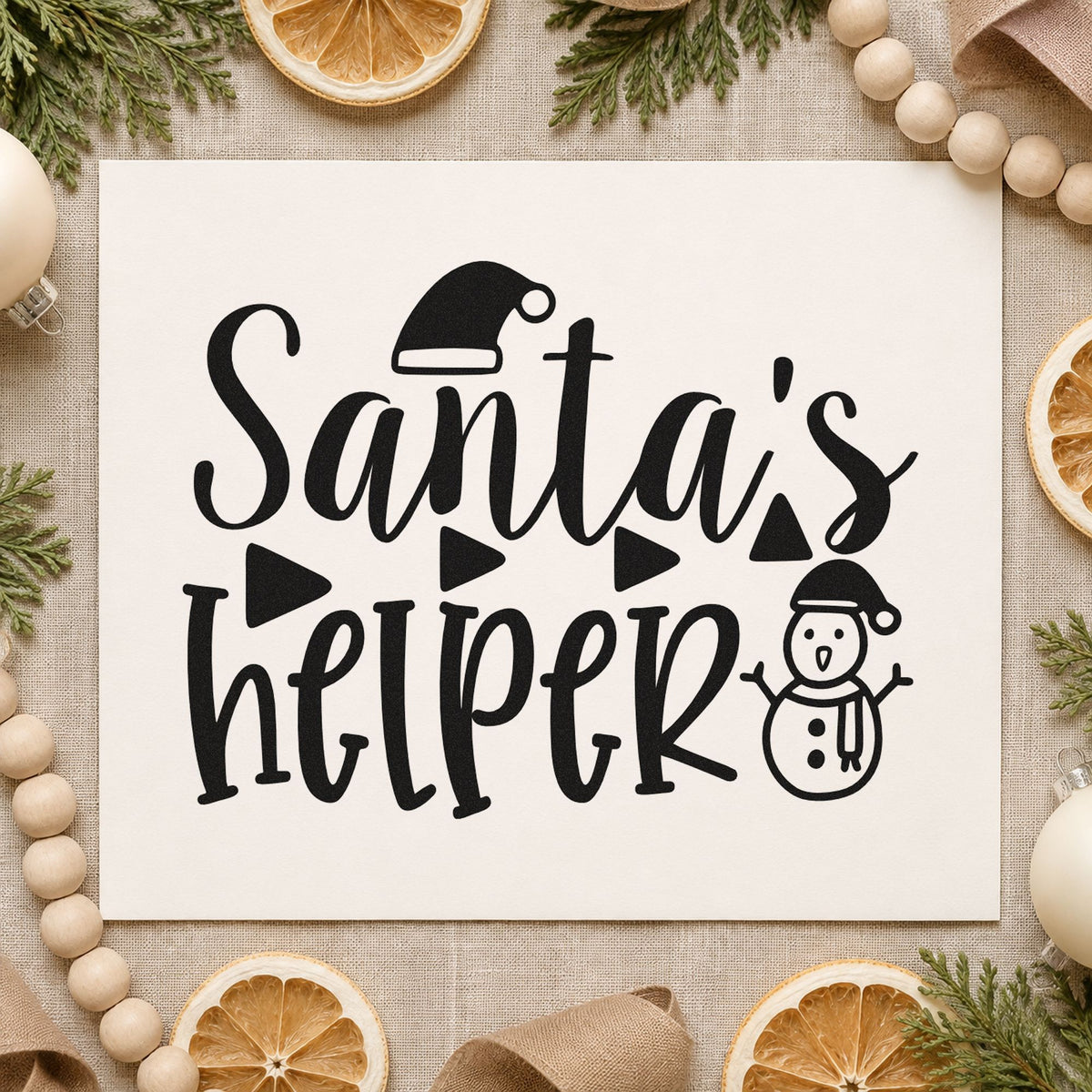 Santa's Helper Snowman rubber stamp printed in black ink, ready for triangle accent cards and similar paper crafts.