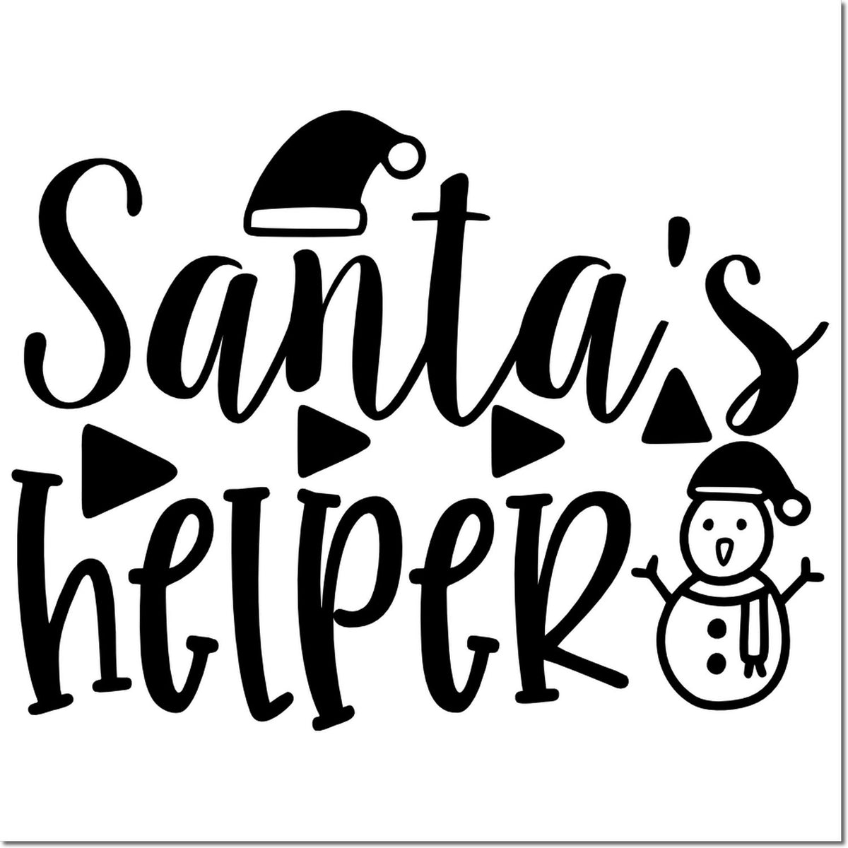 Black Santas Helper stamp/seal design with Santa hats, snowman, and playful arrows on a white background.