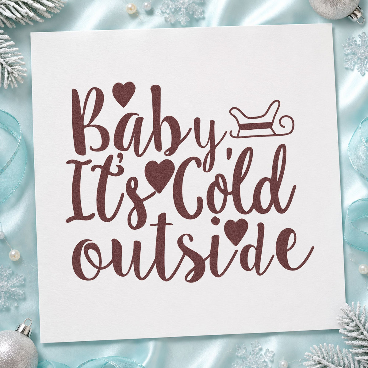 Baby It's Cold Outside Sleigh rubber stamp printed in brown ink, ready for date idea sheet and similar paper crafts.