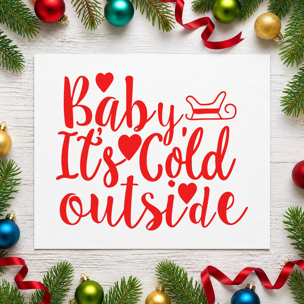 Baby It's Cold Outside Sleigh craft stamp in red ink on cardstock, an easy option for lap robe printing.