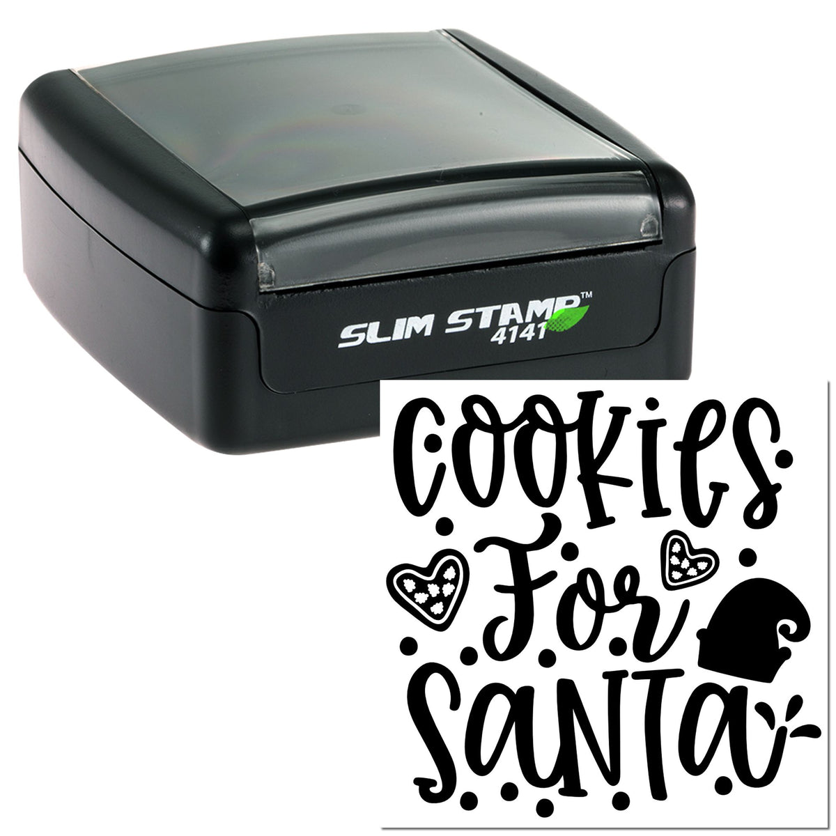 Black Slim Stamp 4141 self-inking stamp with Cookies for Santa impression in black, plus hearts and Santa hat detail.