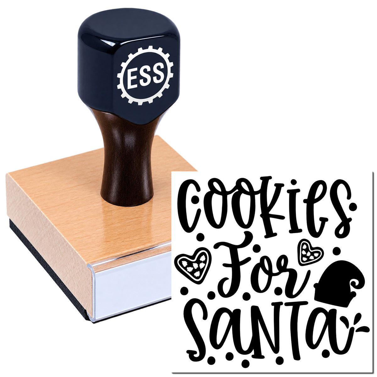 Dark blue ESS self-inking stamp on a pink-and-white rubber seal block, with black Cookies for Santa design