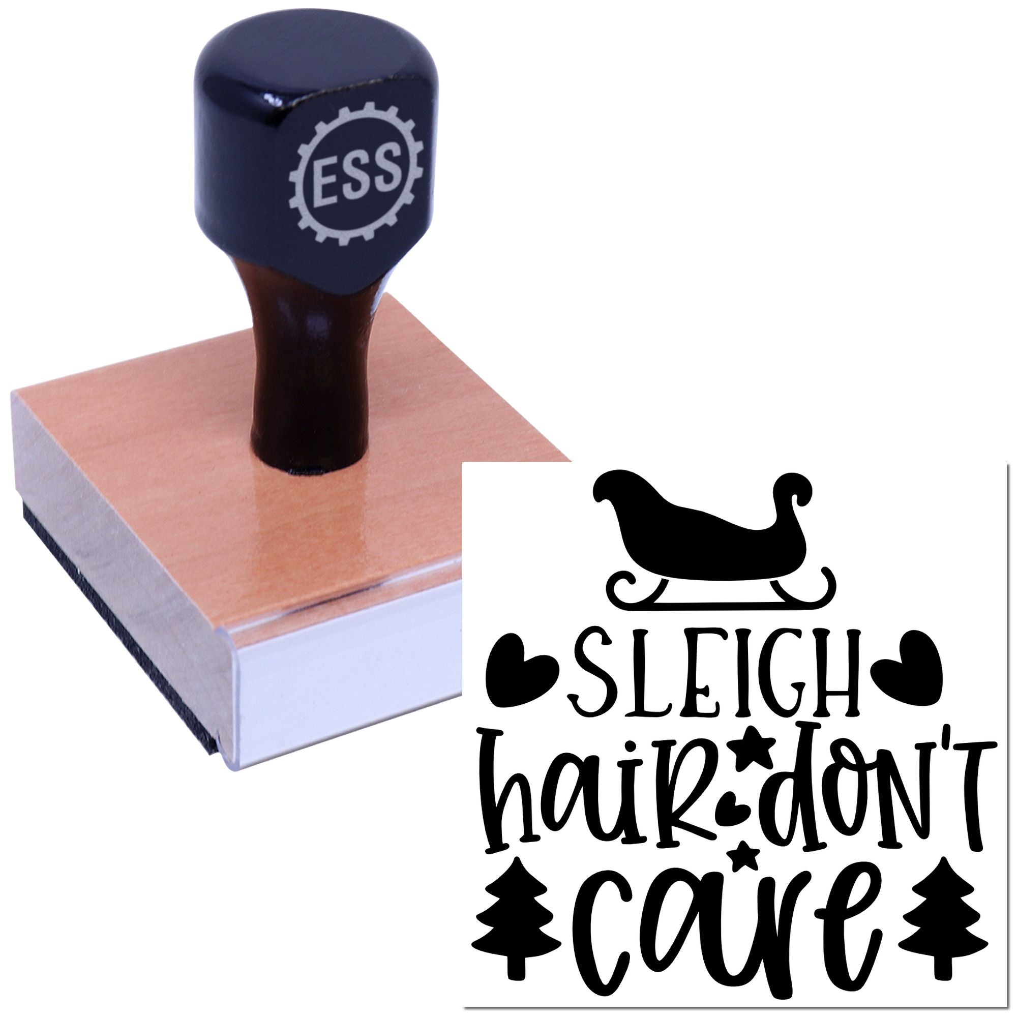 Dark navy self-inking stamp on a pink wooden block, with black Sleigh hair dont care holiday seal design.