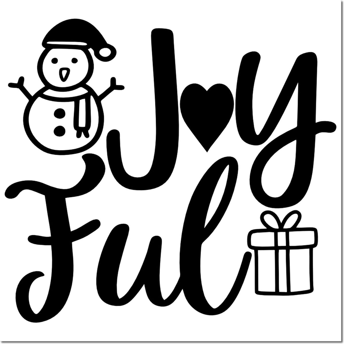 Black Joyful stamp and seal design with snowman, heart, and gift icon for winter holidays