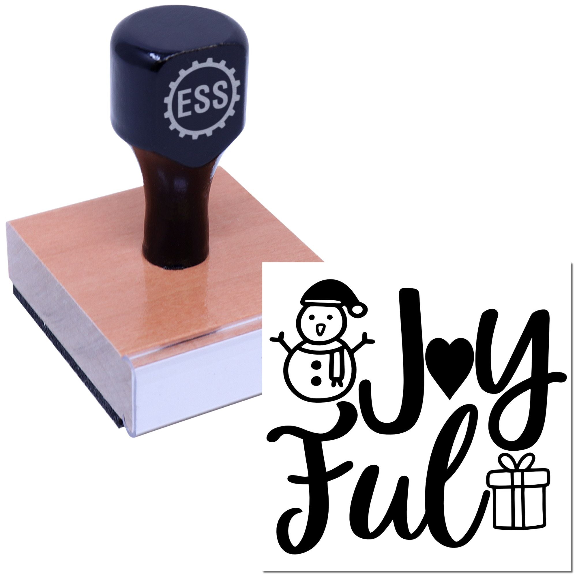 Dark blue ESS stamp and seal on a wooden block beside a black Just Full holiday design with snowman and gift icons.