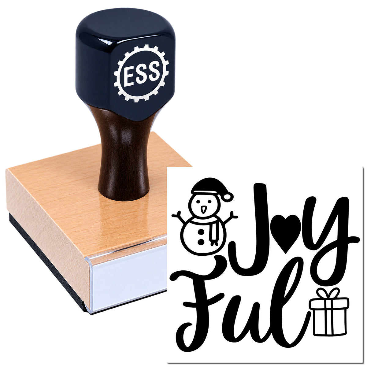Dark blue ESS stamp and seal on a wooden block beside a black "Just Full" holiday design with snowman and gift icons.