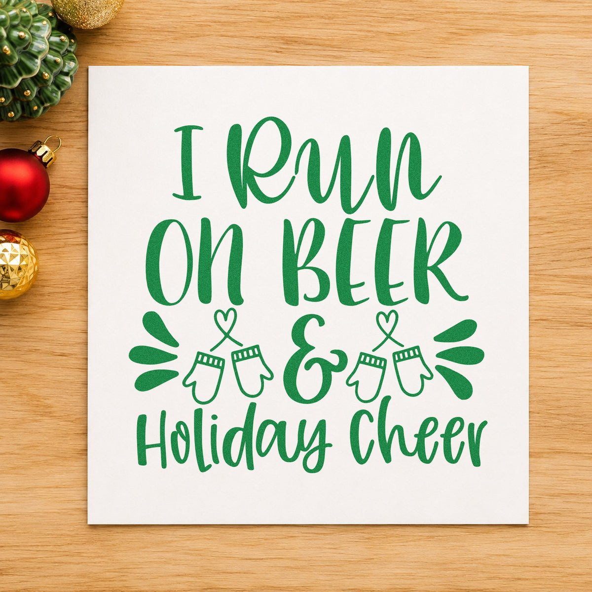 Beer And Holiday Cheer craft stamp imprint in green ink on a handmade project, one idea being tasting flight cards.