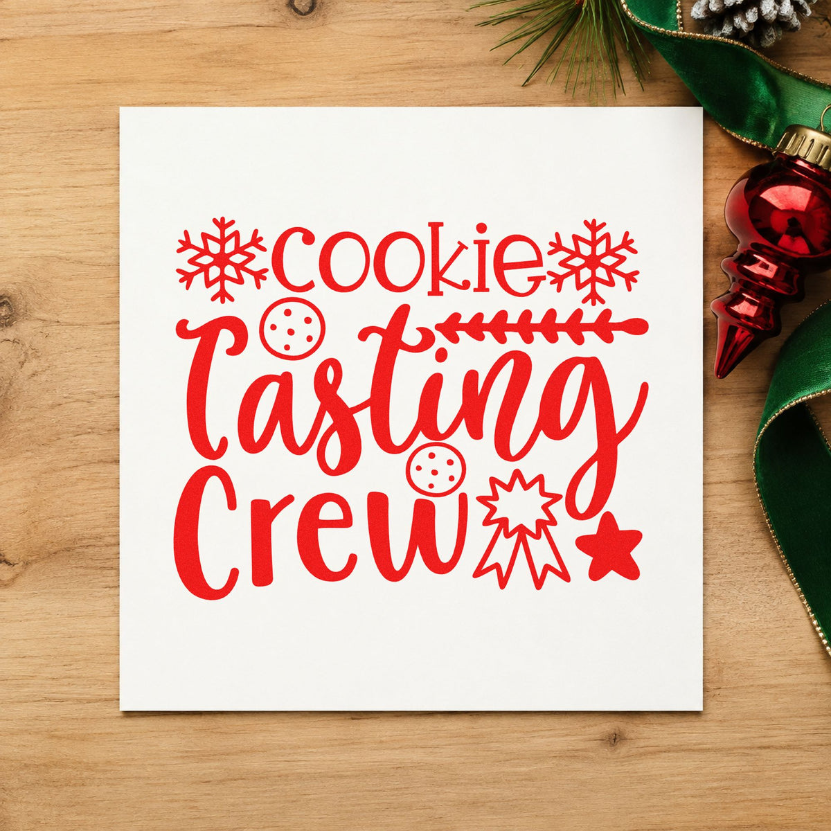 Cookie Tasting Crew craft stamp in red ink on cardstock, an easy option for judge apron printing.