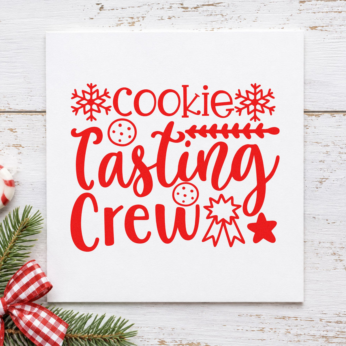 Cookie Tasting Crew rubber stamp shown in red ink, stamped for projects such as entry tray labels.
