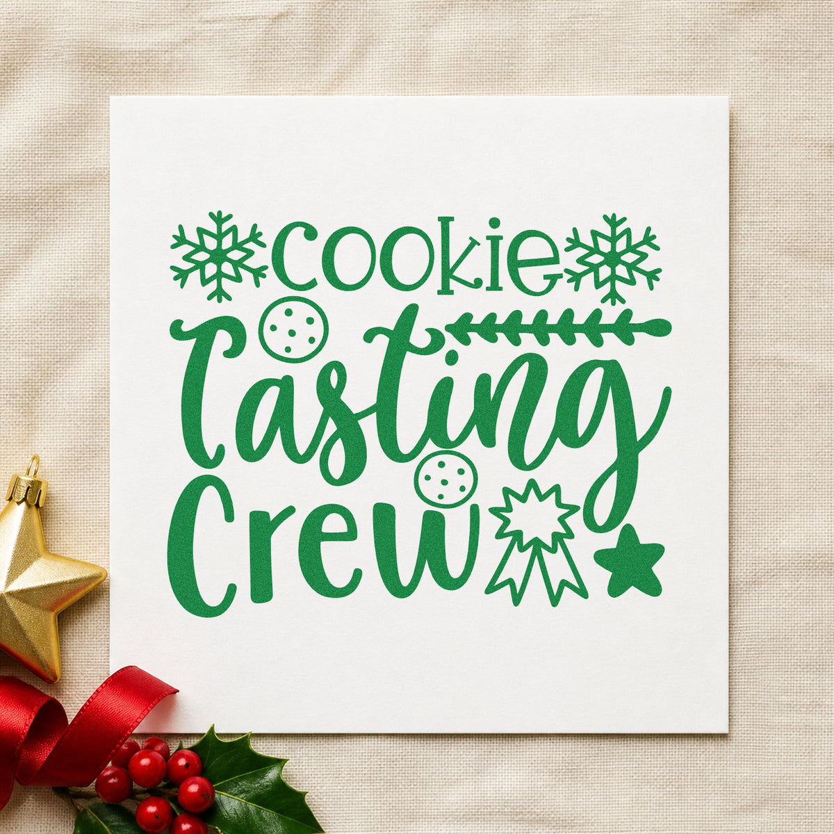 Cookie Tasting Crew craft stamp imprint in green ink on a handmade project, one idea being winner award cards.