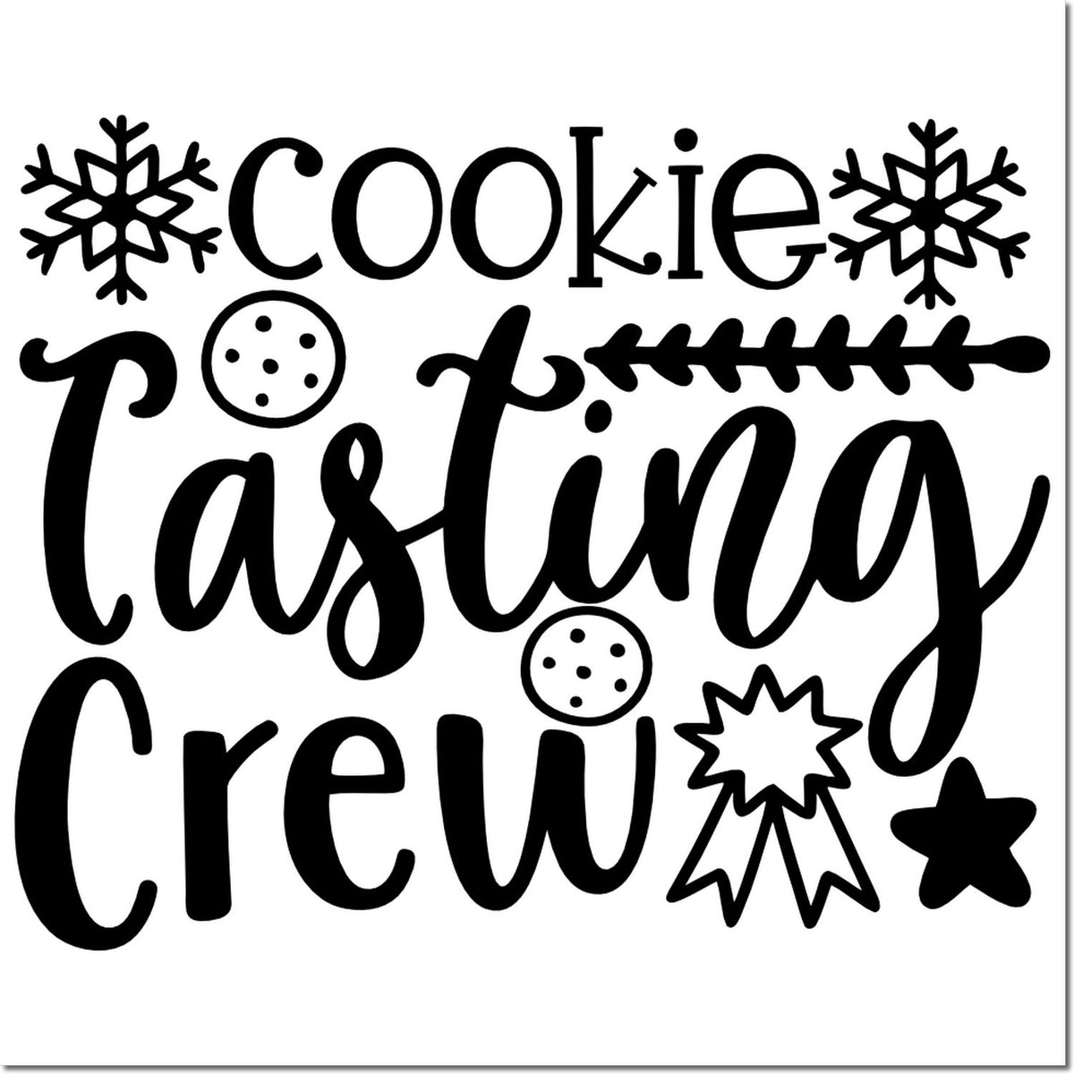 Black Cookie Tasting Crew stamp design with snowflakes, cookie icons, and stars on a white background.