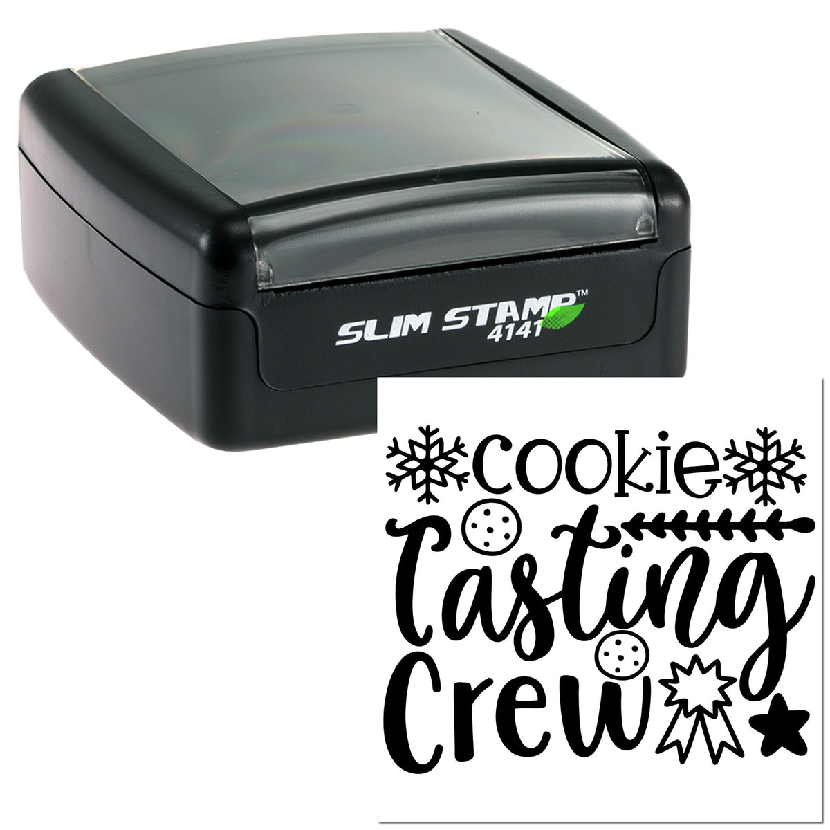 Black Slim Stamp 4141 self-inking stamp and cookie casting seal with bold script and snowflake accents on white.