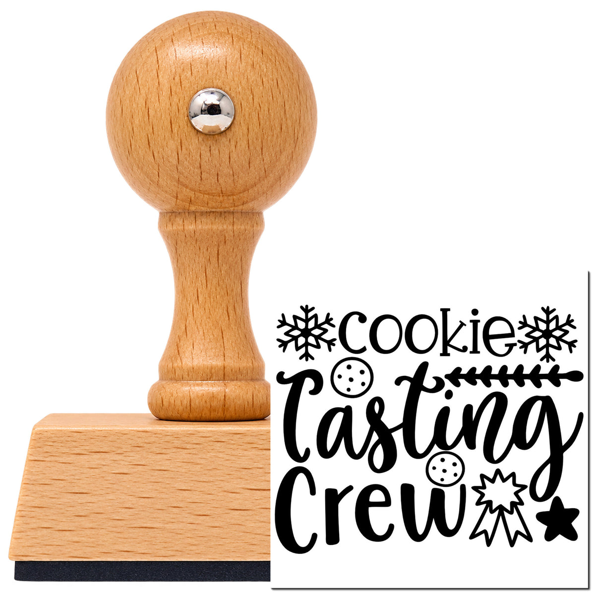 Vintage Pro beech wood stamp with a round knob handle, shown with its black Cookie Tasting Crew Snowflakes imprint on white.