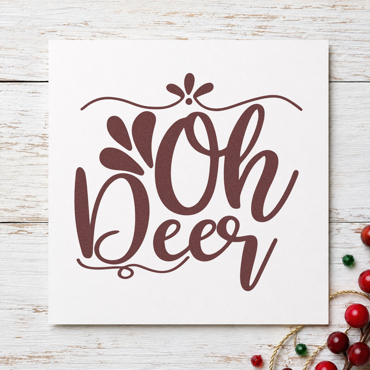 Oh Deer Ornamental Script rubber stamp printed in brown ink, ready for cover page header and similar paper crafts.