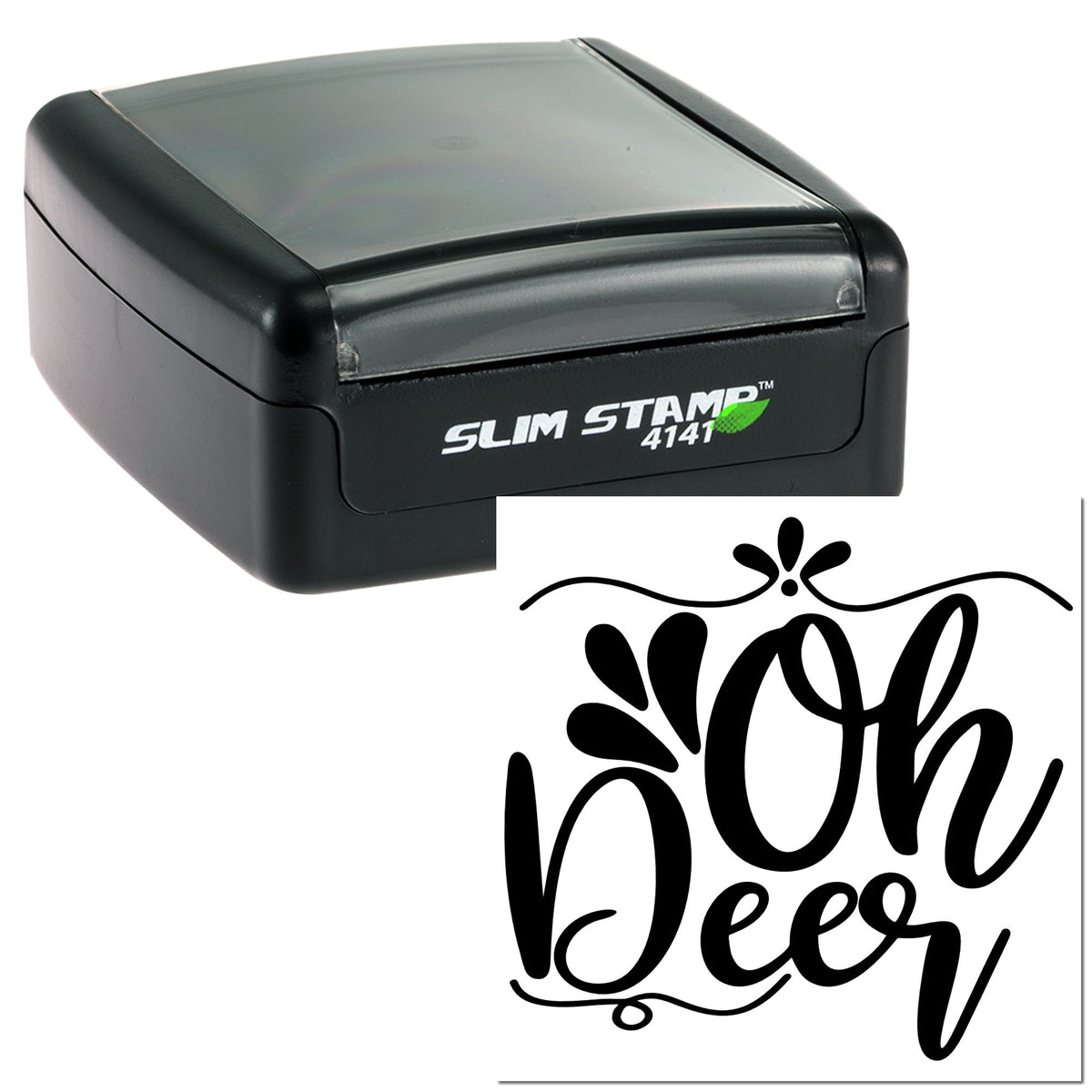 Black self-inking Slim Stamp 4141 with translucent gray top and a decorative black Bon Deer seal on white background.