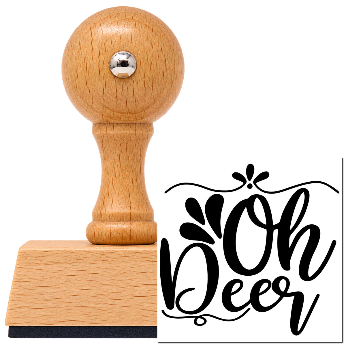 Vintage Pro beech wood stamp with a round knob handle, shown with its black Oh Deer Ornamental Script imprint on white.
