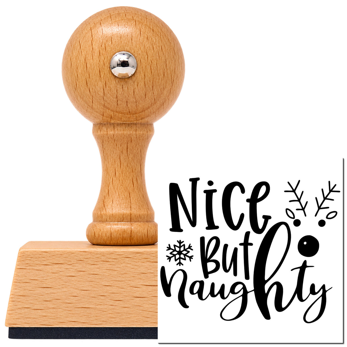 Vintage Pro beech wood stamp with a round knob handle, shown with its black Nice But Naughty Reindeer Antlers imprint on white.