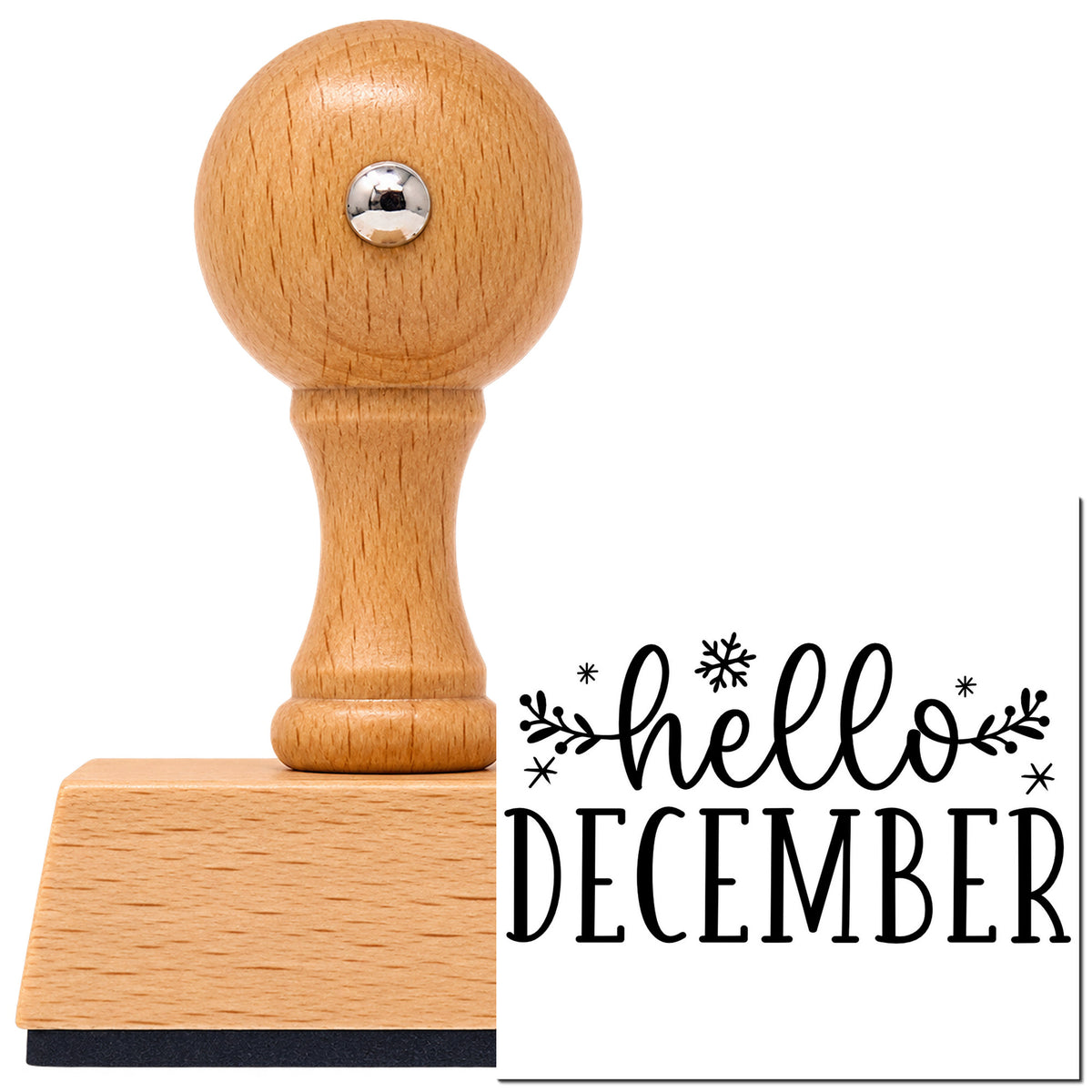 Vintage Pro beech wood stamp with a round knob handle, shown with its black Hello December Sprigs imprint on white.