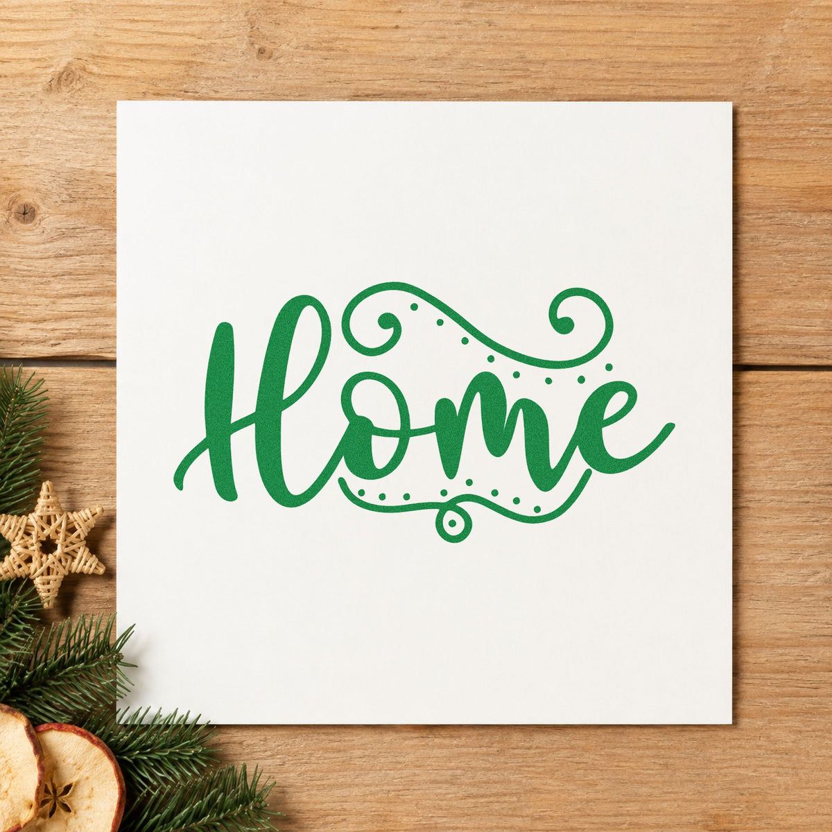 Home Flourishing Script craft stamp imprint in green ink on a handmade project, one idea being housewarming tags.