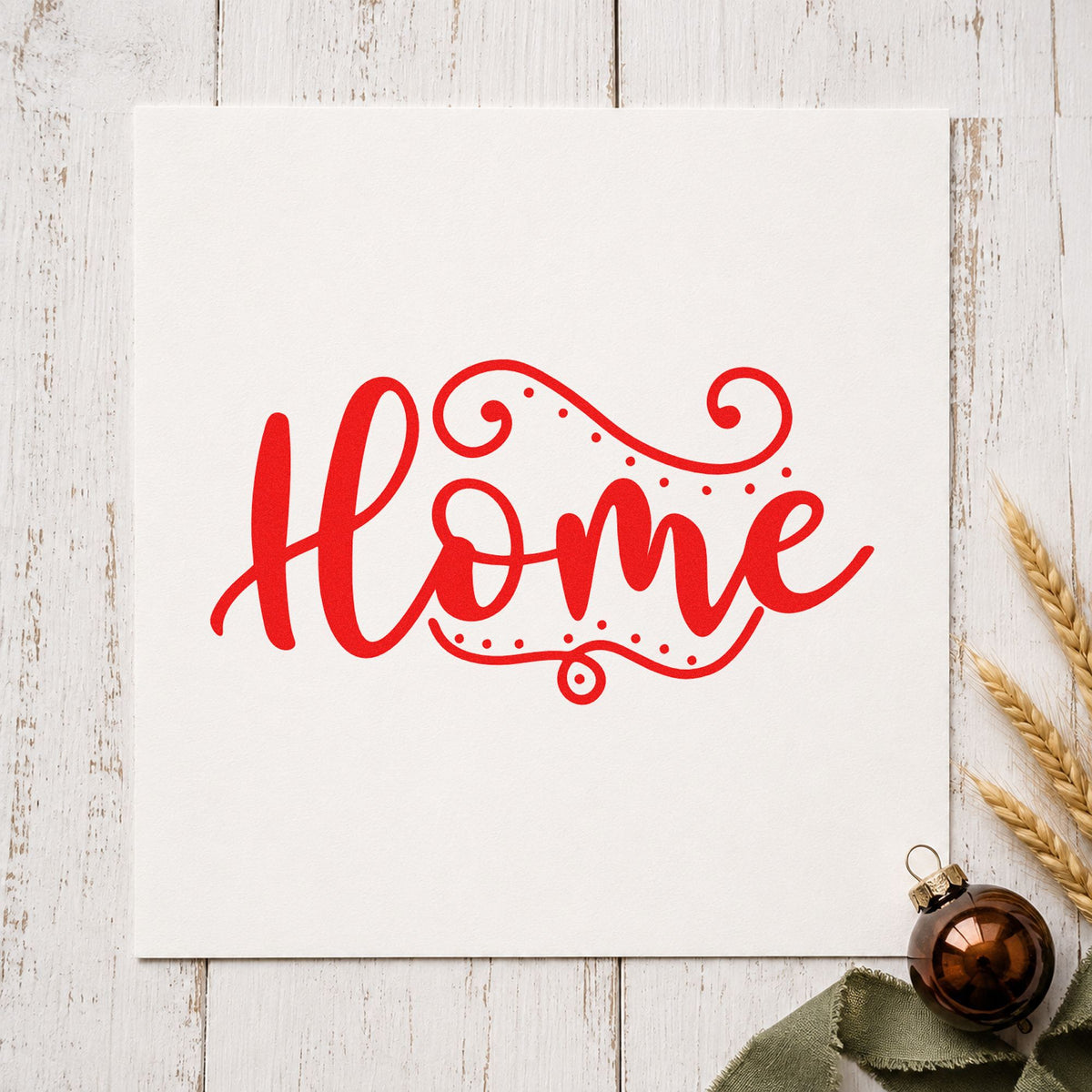Home Flourishing Script craft stamp in red ink on cardstock, an easy option for door mat printing.