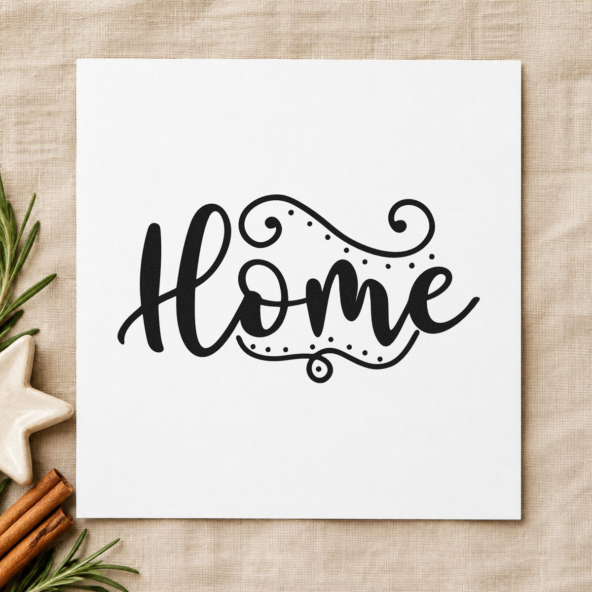 Home Flourishing Script rubber stamp printed in black ink, ready for one word home cards and similar paper crafts.