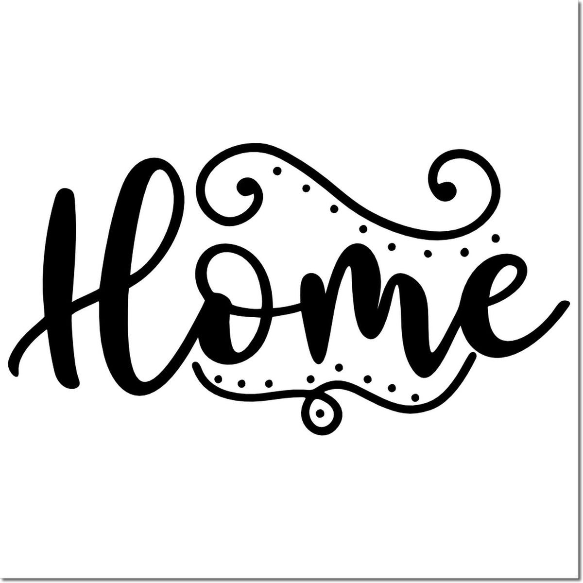 Black decorative Home stamp and seal design with swirls and dots on a white background.