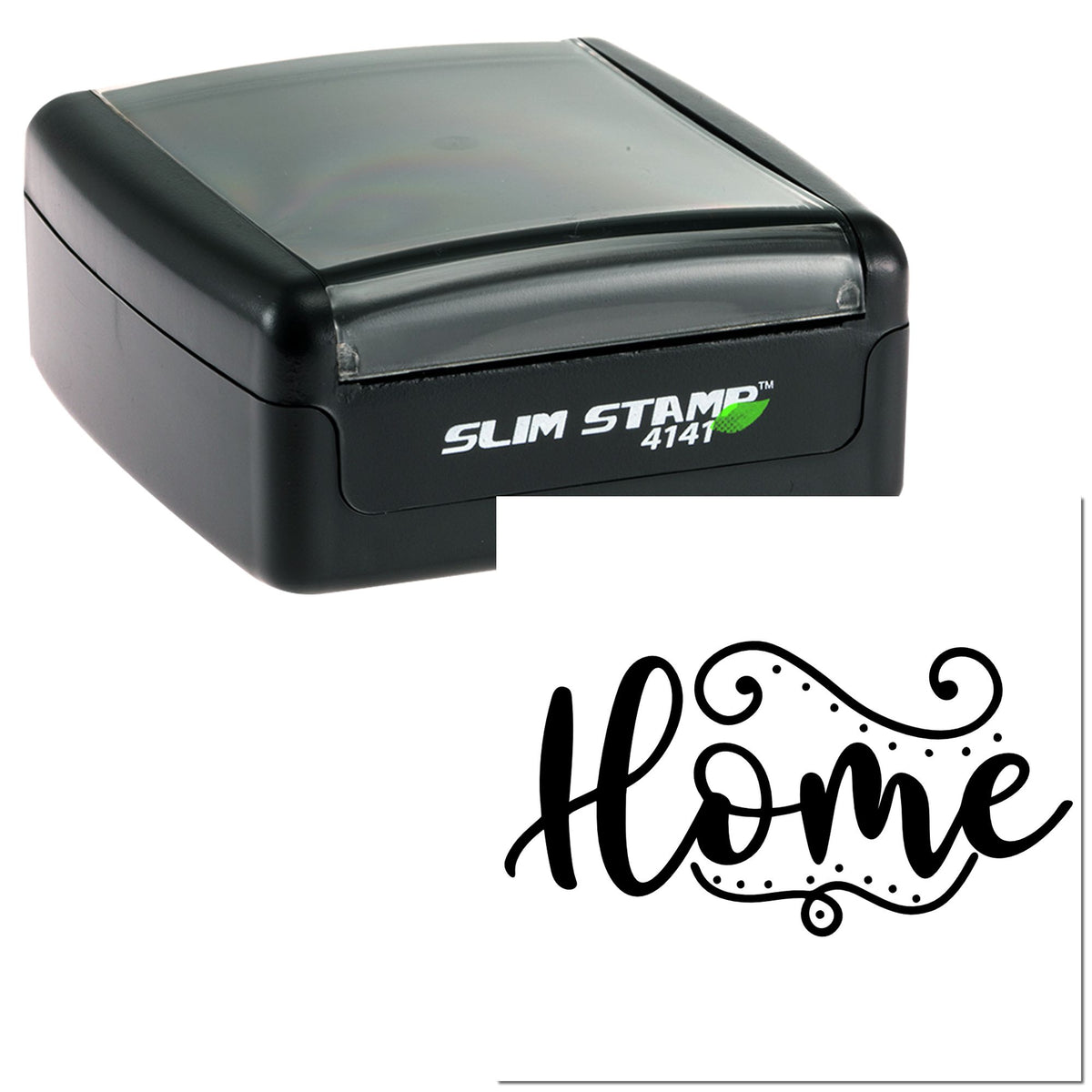 Black Slim Stamp 4141 self-inking stamp with clear lid and decorative black Home seal design