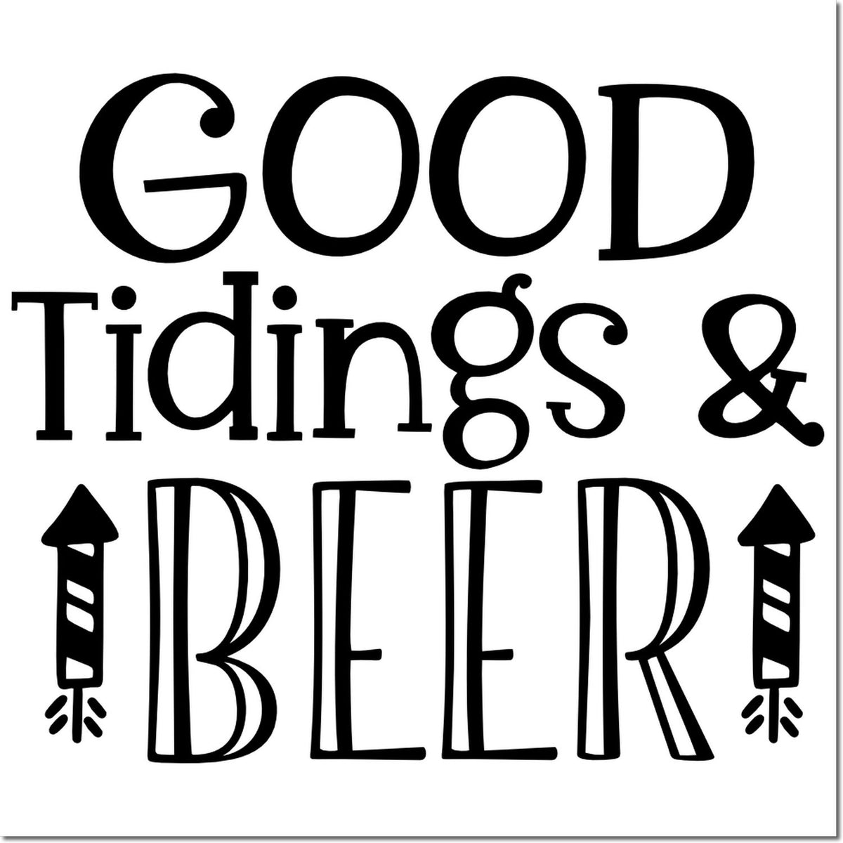 Black decorative stamp design reading Good Tidings & Beer with beer bottle icons on a white background.