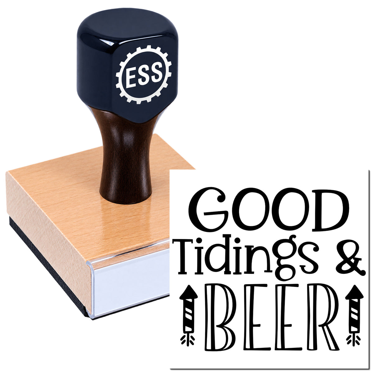 Black ESS stamp and seal with wooden base, showing "GOOD Tidings & BEER" in bold black lettering.