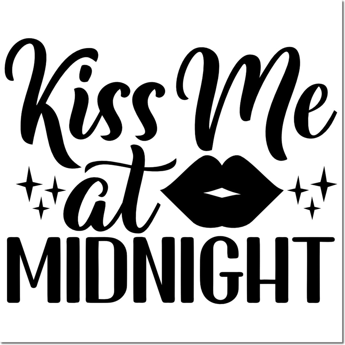Black Kiss Me at Midnight stamp design with lips and sparkles in bold black on a white background