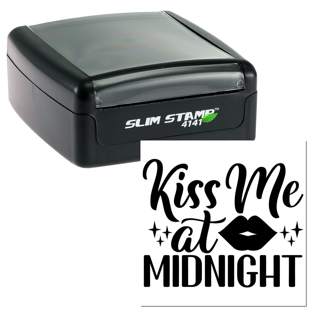 Black Slim Stamp 4141 self-inking stamp with custom Kiss Me at Midnight seal design in bold black script and lips.