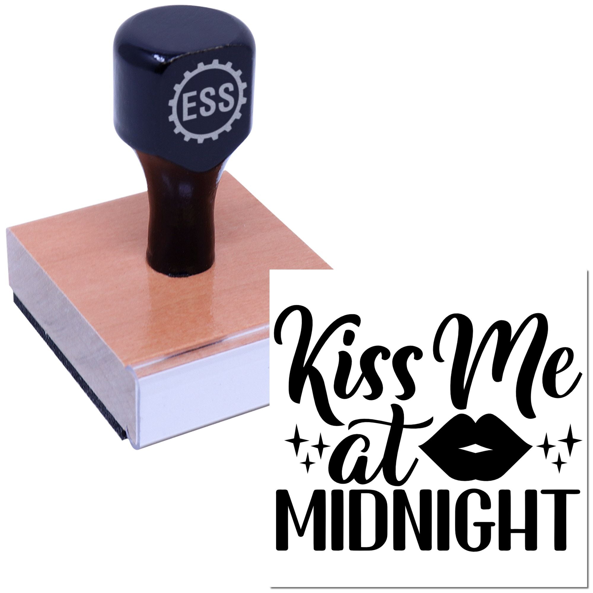 Black ESS rubber stamp on pink wooden block with Kiss Me at Midnight seal design.