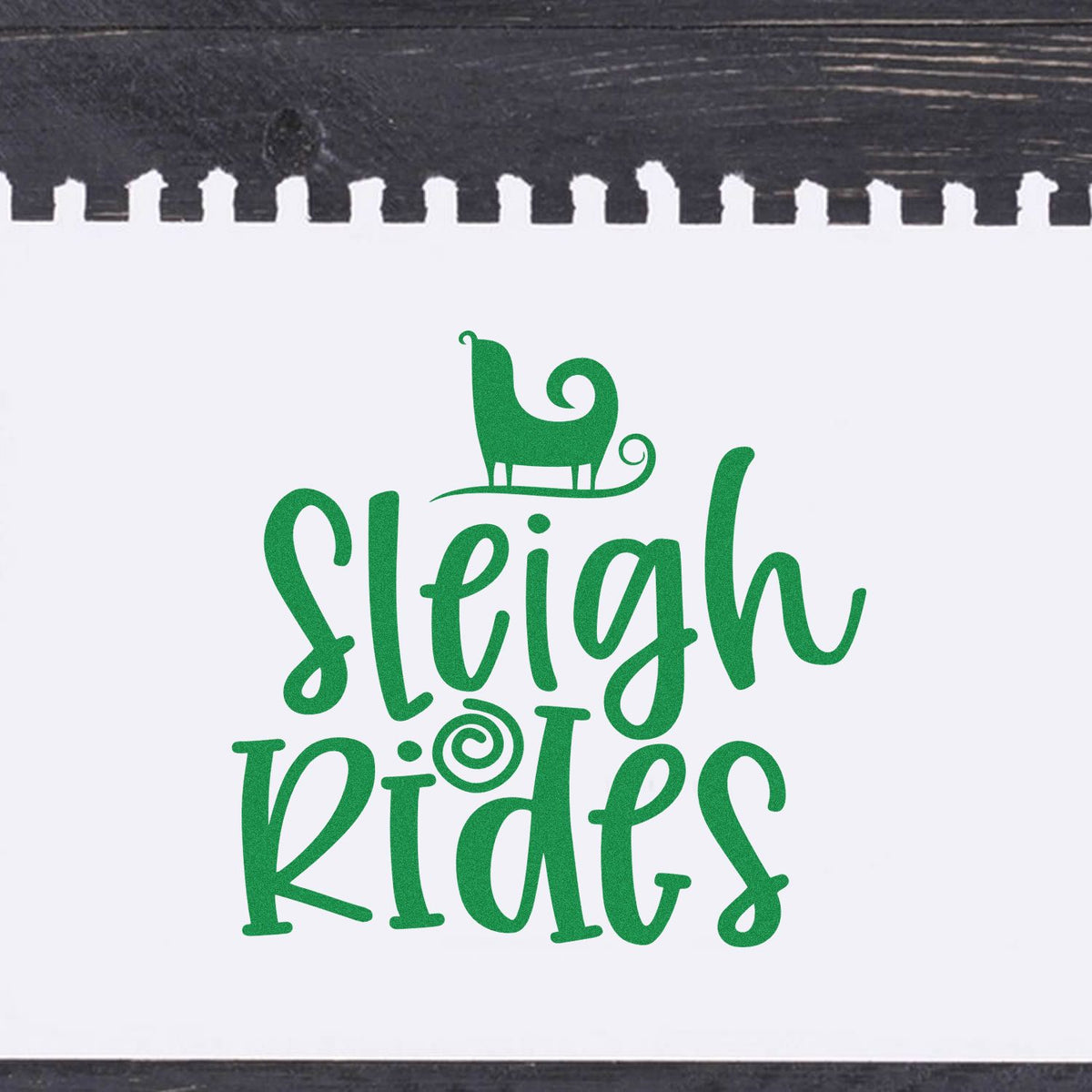 Green Sleigh Rides stamp seal with sleigh icon on white background, black scalloped top border.