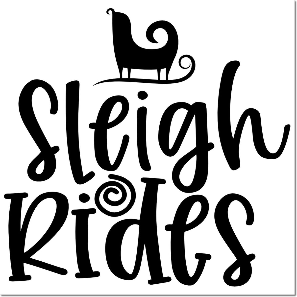 Black Sleigh Rides stamp design with decorative sleigh icon and swirl accents on white background.