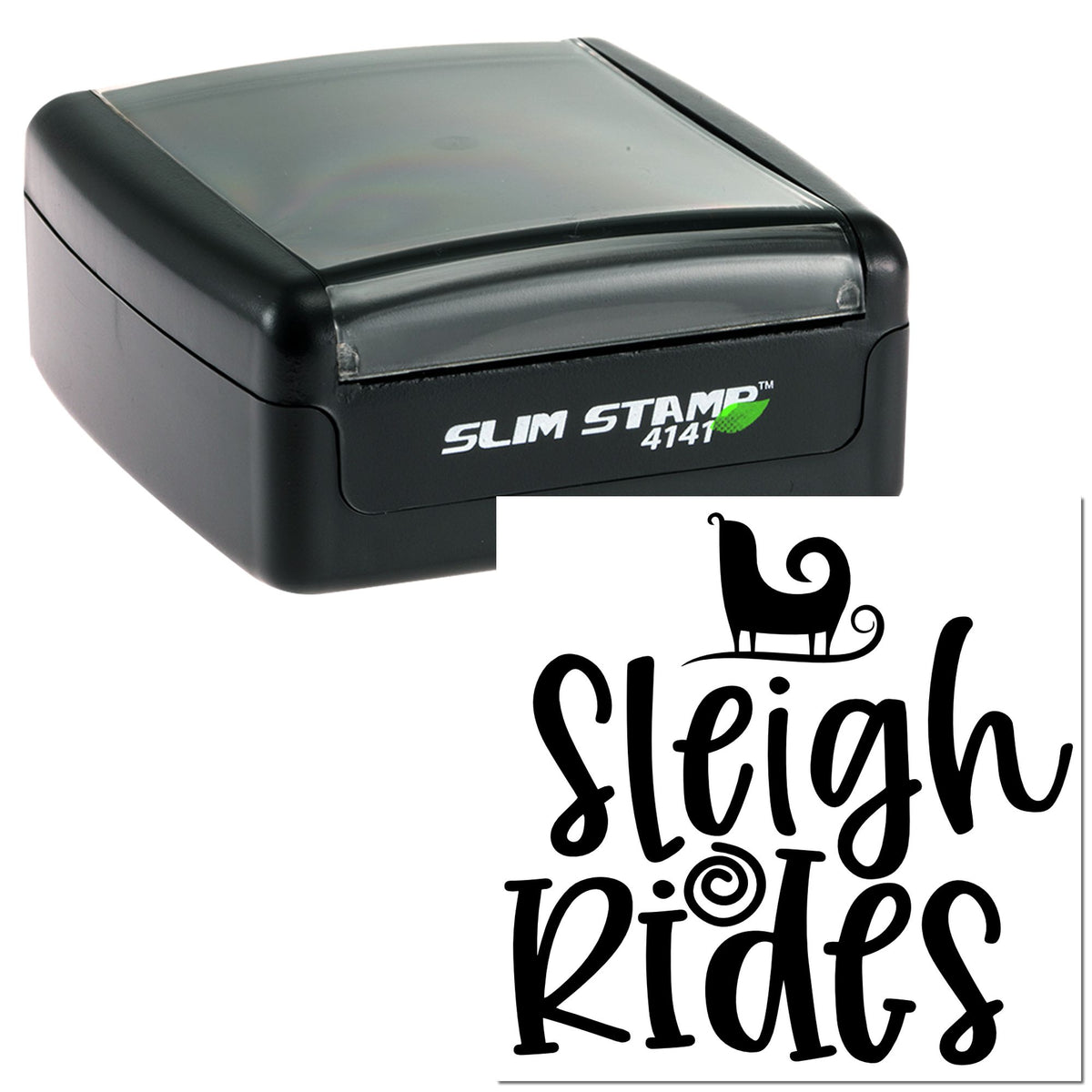 Black Slim Stamp 4141 self-inking stamp with custom seal, featuring a black "Sleigh Rides" design on white background.
