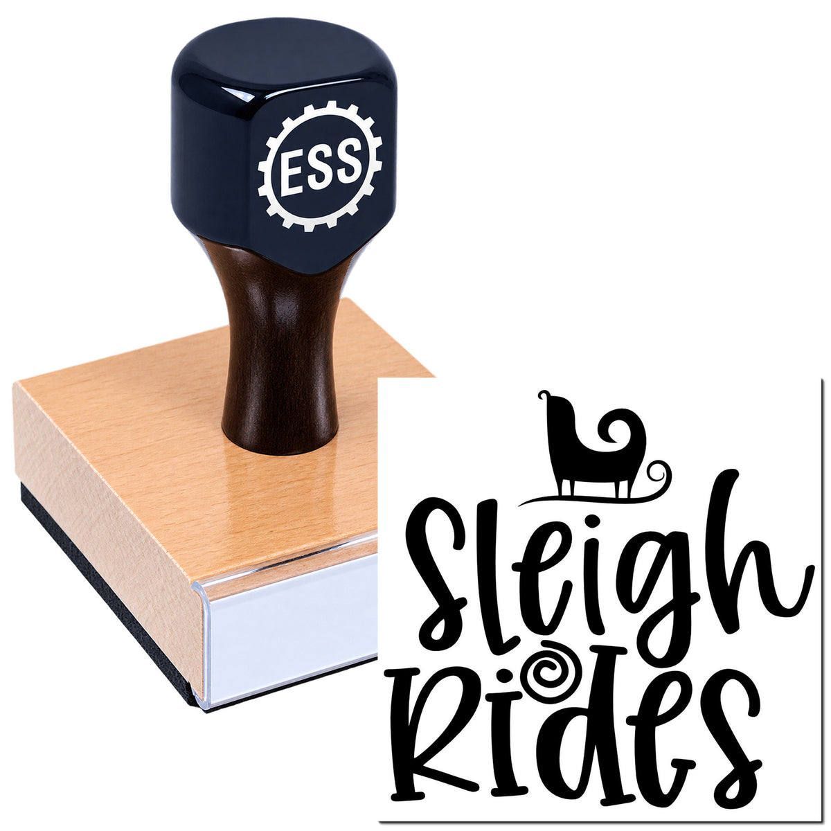 Black ESSE stamp seal on a reddish wooden base, with bold black Sleigh Rides logo on a white background.