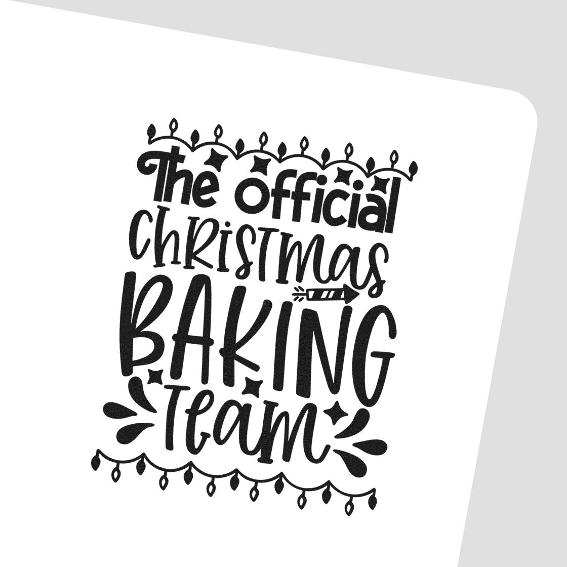 Black Christmas stamp/seal reading The official Christmas Baking Team with festive lights and flourishes on a white background.