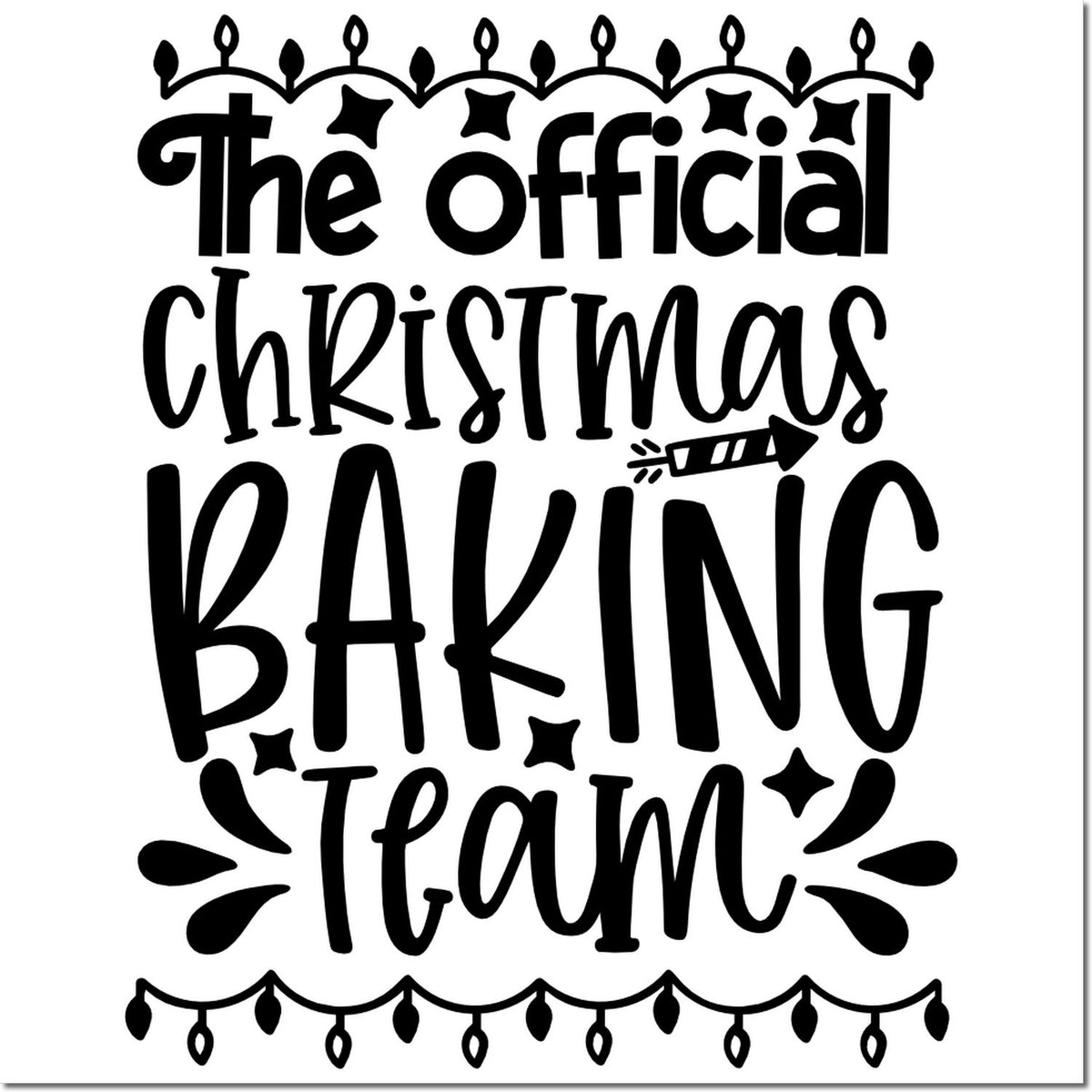 Black Christmas baking team stamp and seal design with decorative lettering, festive border, and ornament accents on white.