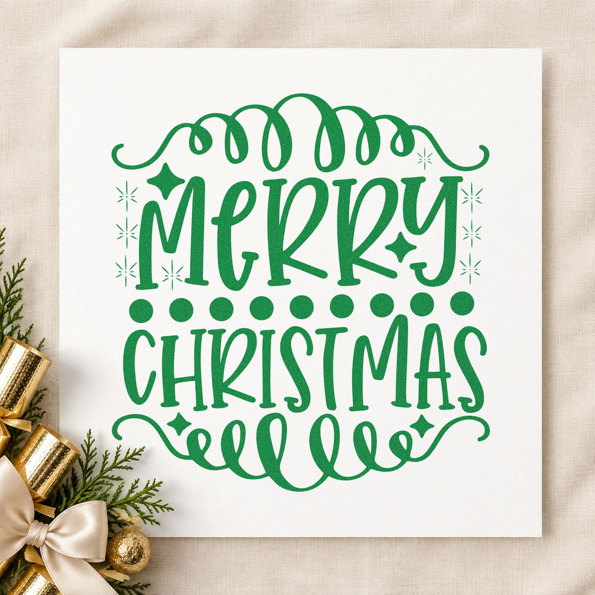 Merry Christmas Loop Borders craft stamp imprint in green ink on a handmade project, one idea being delicate gift tags.