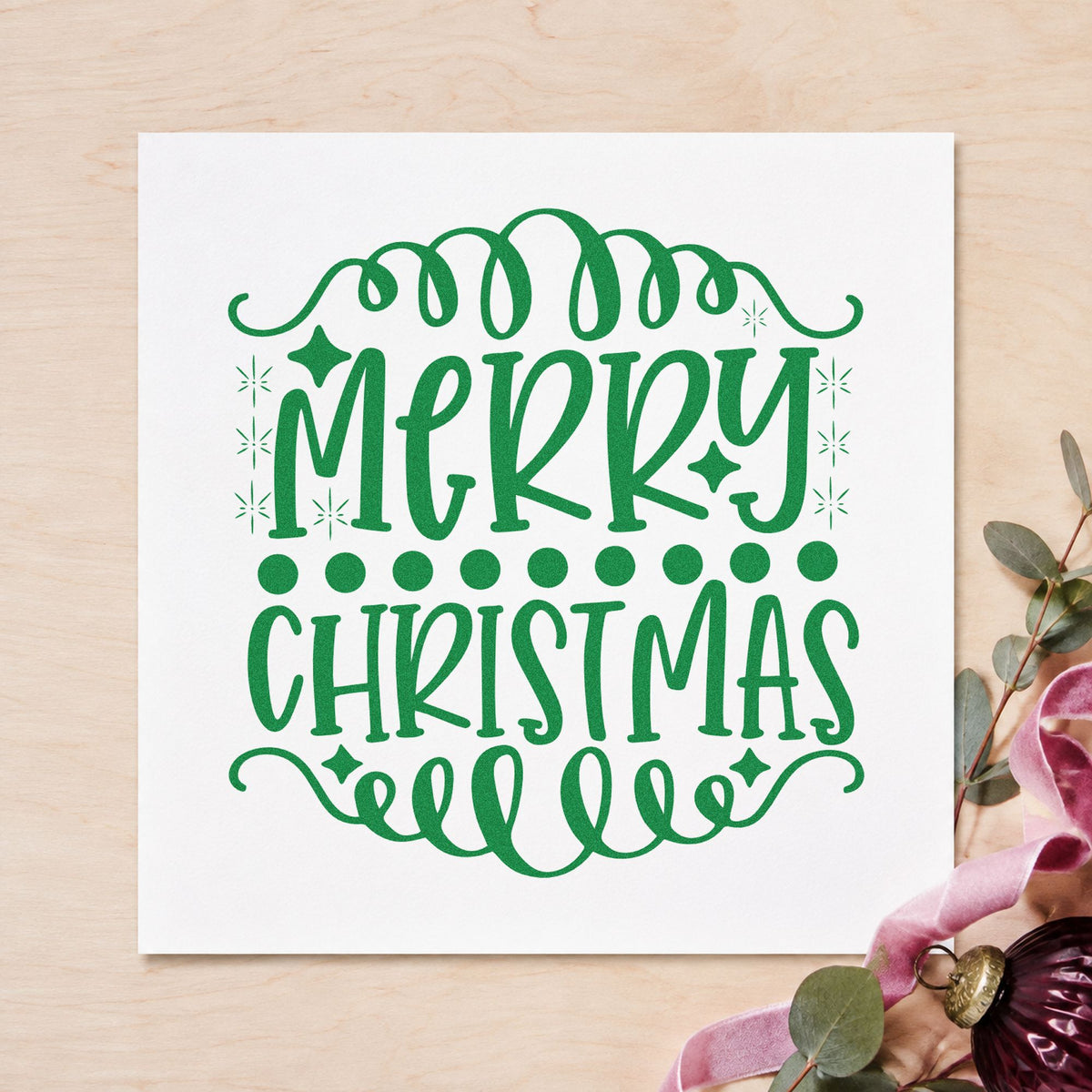 Merry Christmas Loop Borders craft stamp imprinted in green ink on paper, a design suited to framed small mat.