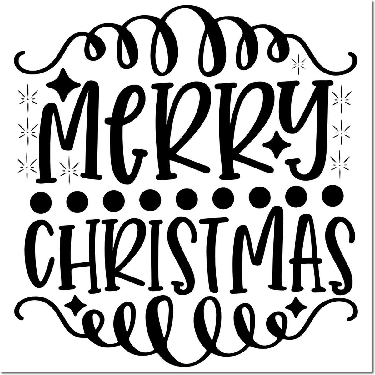 Black decorative Merry Christmas stamp/seal with swirls, sparkles, and dots on a white background.