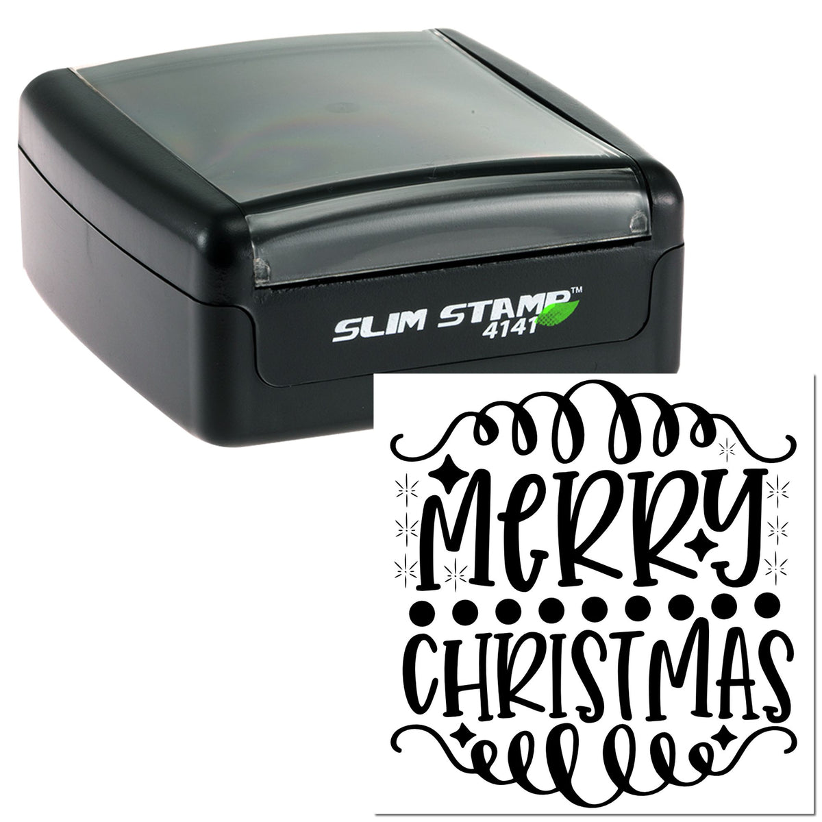Black Slim Stamp 4141 with translucent gray lid and festive black Merry Christmas decorative seal design.
