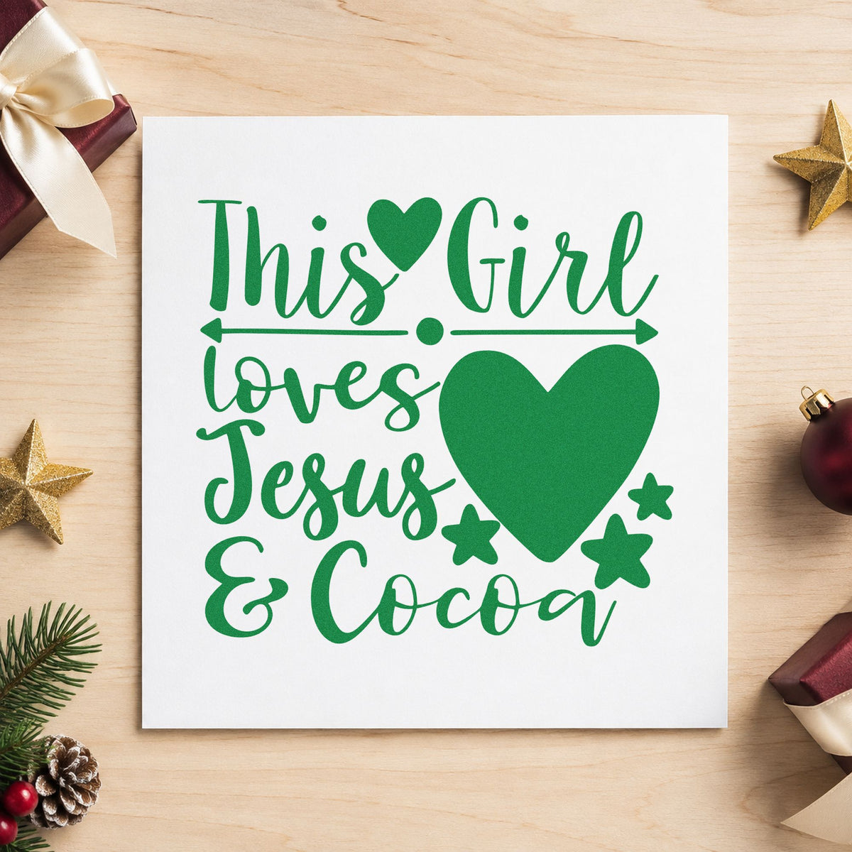 Girl Loves Jesus And Cocoa craft stamp imprint in green ink on a handmade project, one idea being cocoa mix gift tags.