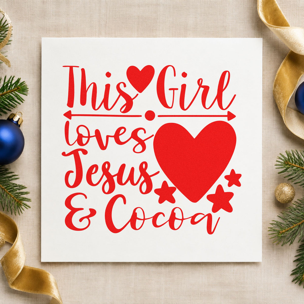 Girl Loves Jesus And Cocoa craft stamp in red ink on cardstock, an easy option for mug cozy printing.