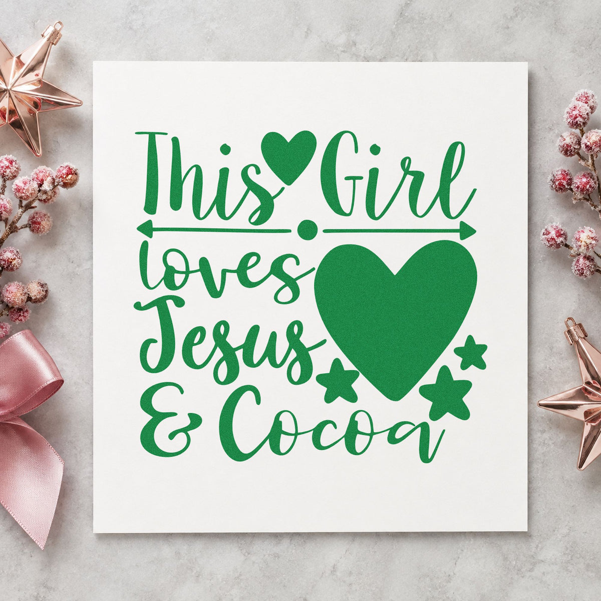 Girl Loves Jesus And Cocoa craft stamp imprinted in green ink on paper, a design suited to framed reading chair.